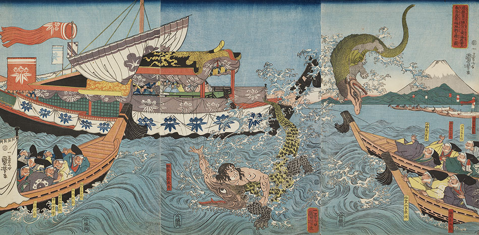 源頼家公鎌倉小壺ノ海遊覧 朝夷義秀雌雄鰐を捕ふ圖 | 歌川国芳 | 収蔵