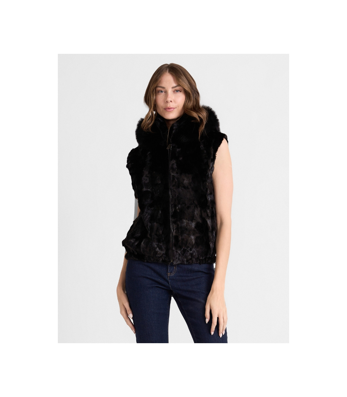 Georgia Patchwork Black Mink Vest w Fox Fur Trim: FurHatWorld