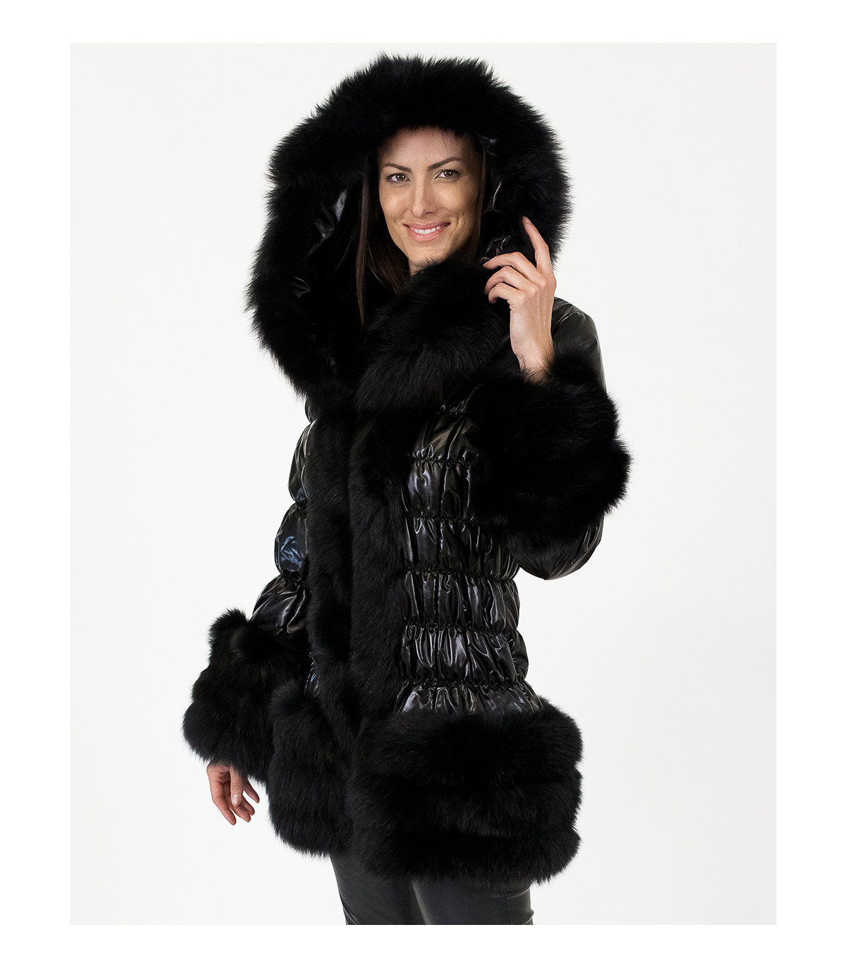 Laurie Black Puffer Jacket with Fox Fur at Furhatworld.com