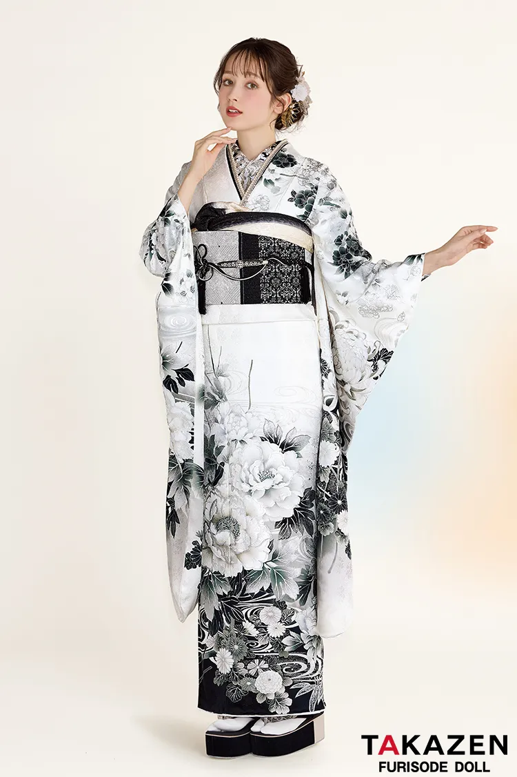 最新作正統派古典 白地/黒 牡丹柄/流水模様 かっこいい 大人っぽい