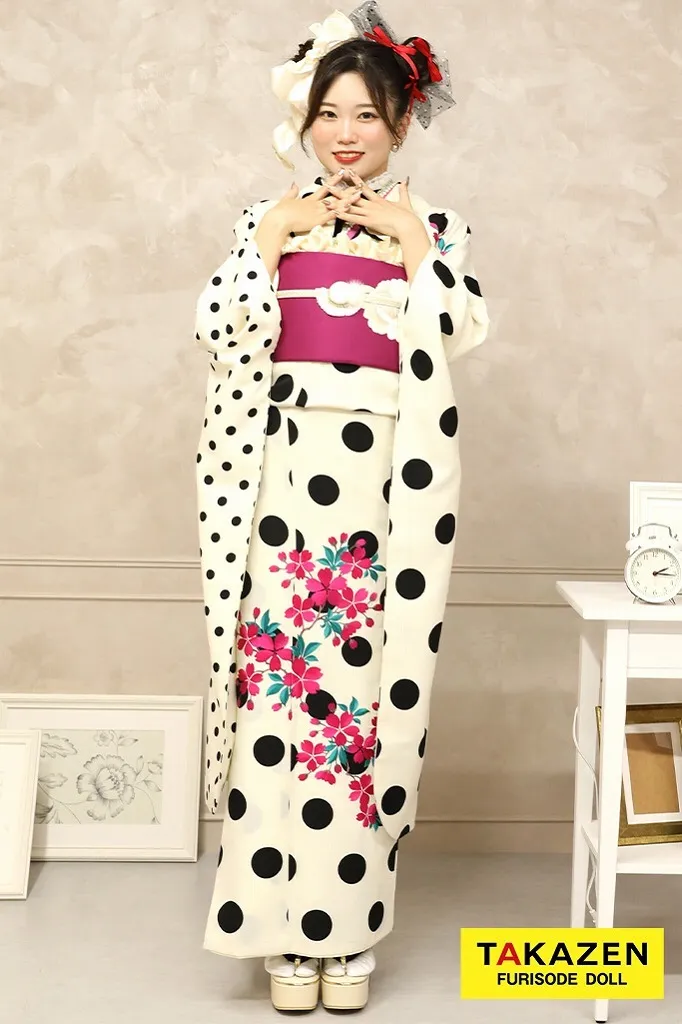 シンプル レトロモダン 白/ピンク ドット柄 人気 個性的振袖ネット