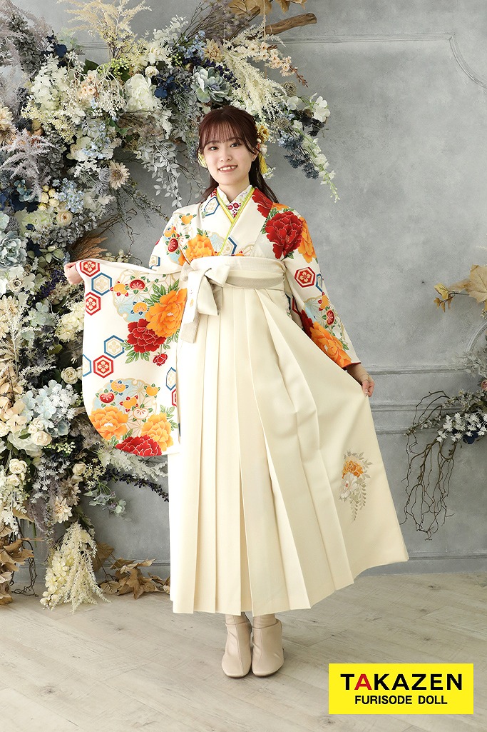 綺麗目古典 白/オレンジ/赤 花柄 定番 上品袴ネットレンタル 可愛い