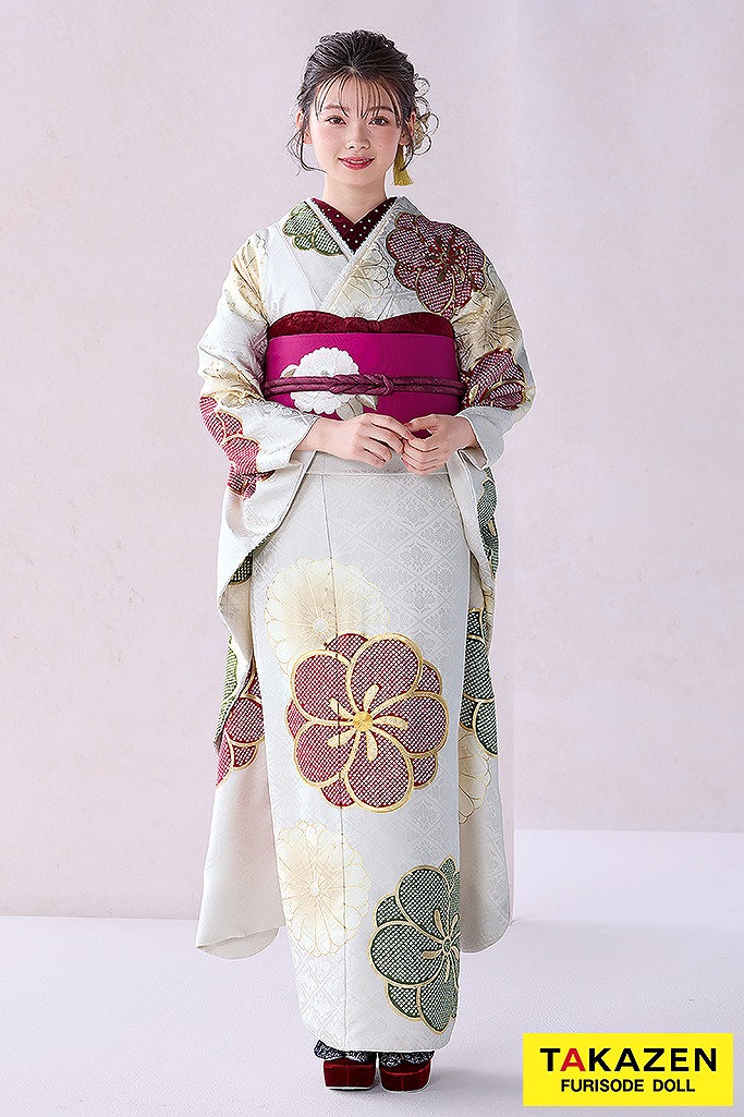 くすみカラー古典 オフホワイト/赤/緑 ねじり梅柄 シンプル 大柄 上品