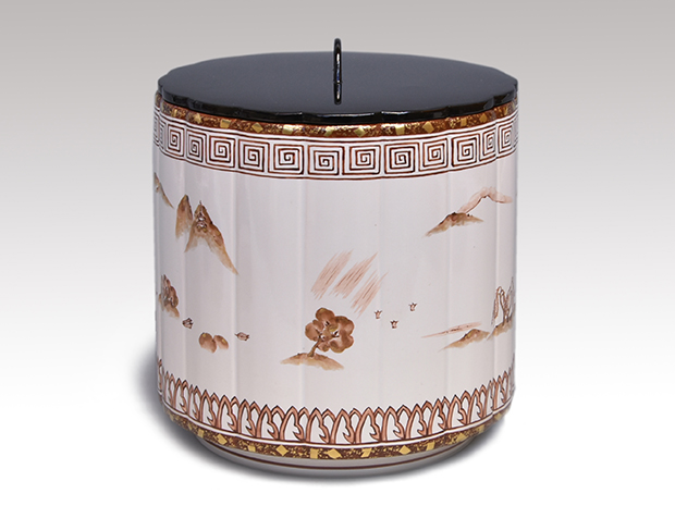 白釉桶側飴金襴八景絵水指 三代 中村秋峰(作) 誂え蓋付 共箱 未使用