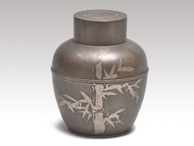 古錫 蔵六居造 錫製無紋四耳帯環茶心壺 茶道具 茶筒 古美術品 重さ910g