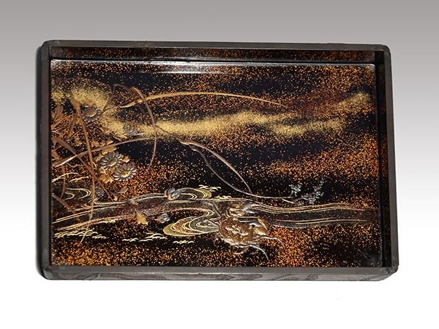 木地蒔絵茶箱 瓢箪高蒔絵 内梨地 蟹に流水菊蒔絵 | 古美術ささき