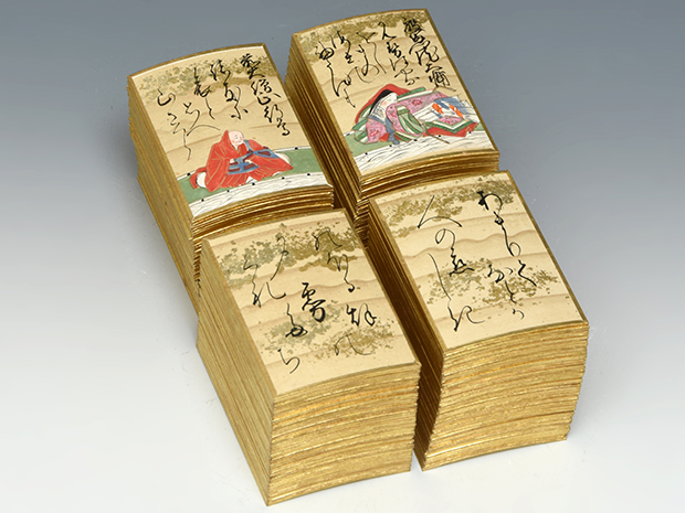 百人一首 歌留多 手書極彩色絵 200枚揃 江戸後期頃 唐草蒔絵二重箱入り