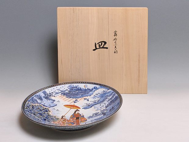 大作 村上玄輝（造）染錦 橋之上絵美人図 大皿 径：47.3㎝ 共箱 | 古