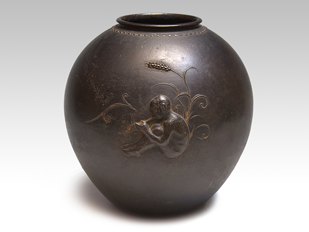 四代 本間琢斎（作）蝋型鋳造 「村童文」 壷 六代本間琢斎鑑定箱 | 古