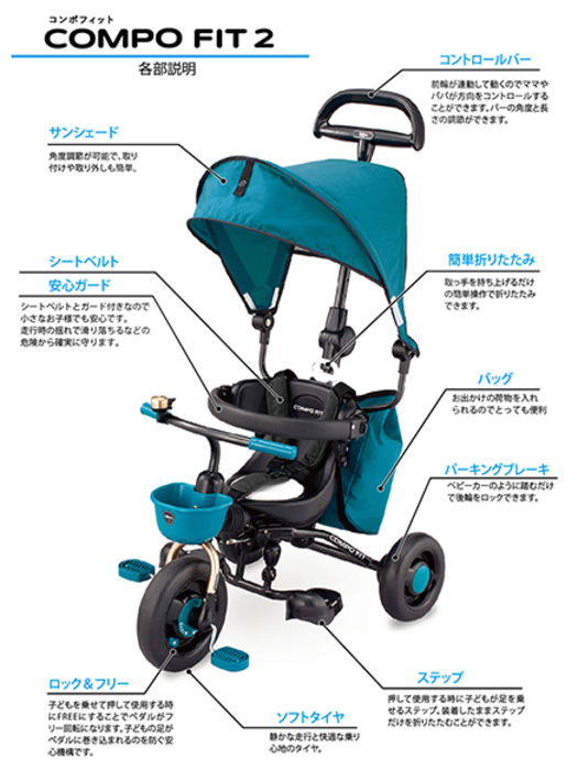 アイデス】子ども用三輪車 コンポフィット2 ターコイズブルー03107