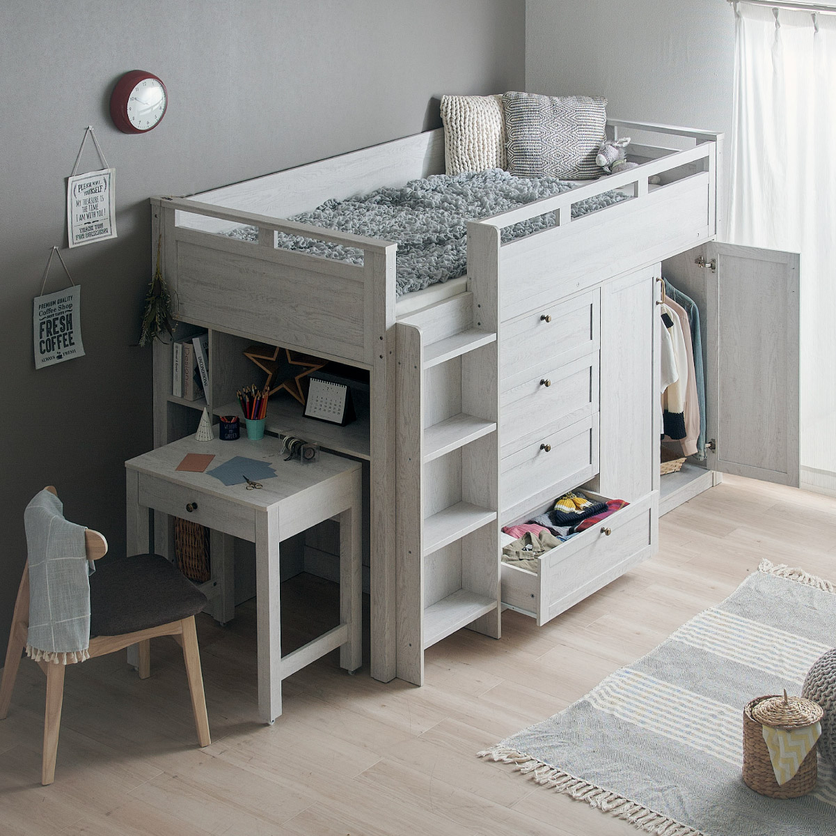 ロフトベッド 階段 デスク付き ミドルタイプ システムベッド noix(ノワ