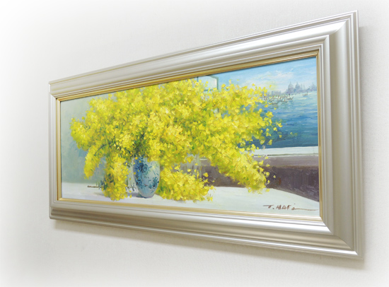 絵画 油絵 ミモザ （堀哲夫） 送料無料 【肉筆】【油絵】【花】【横長