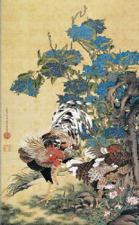 伊藤若冲 紫陽花双鶏図（名画複製画） 尺五 特別価格 日本製 大観 玉堂