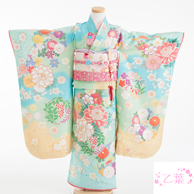 七五三 着物 レンタル 7歳 四つ身セット 320138 乙葉 ミント 牡丹