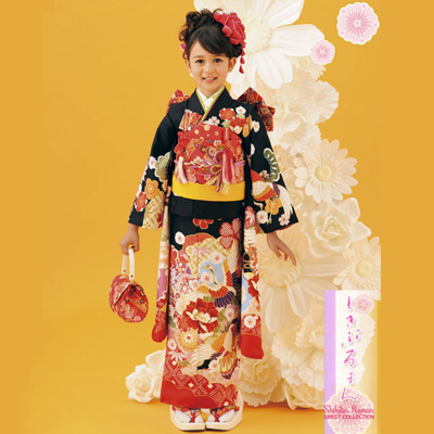 七五三 着物 レンタル 7歳 四つ身セット 320152 式部浪漫 黒地 牡丹に鶴