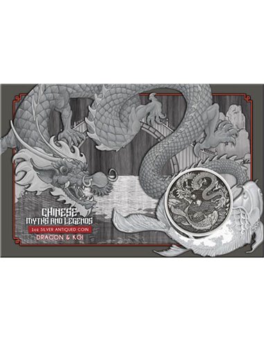 DRAGON & KOI Myths & Legends Antique 1 Oz Silver Coin in Card 1$ Au