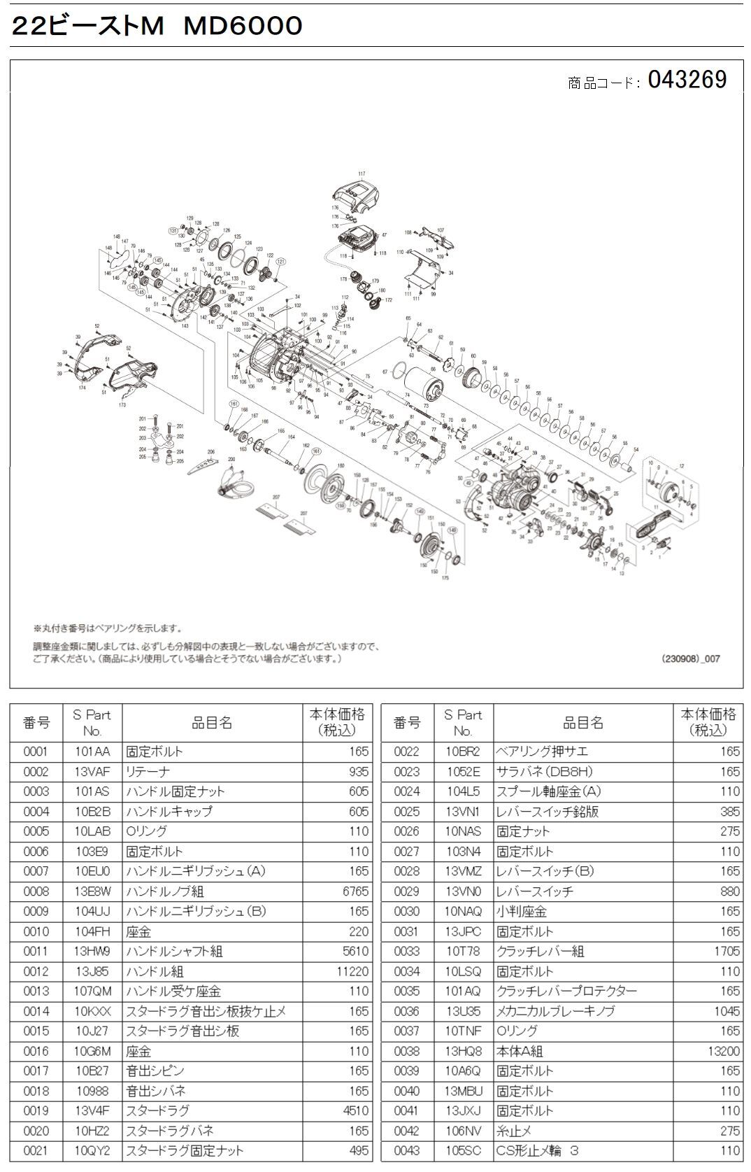シマノ純正お取り寄せパーツ：納期1ヶ月】22ビーストマスター MD 6000