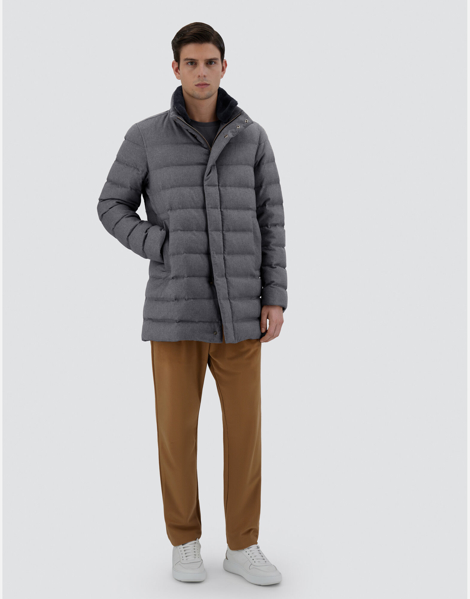 メンズ カシミヤ シルク ライトフェイクファー コート グレー | Herno