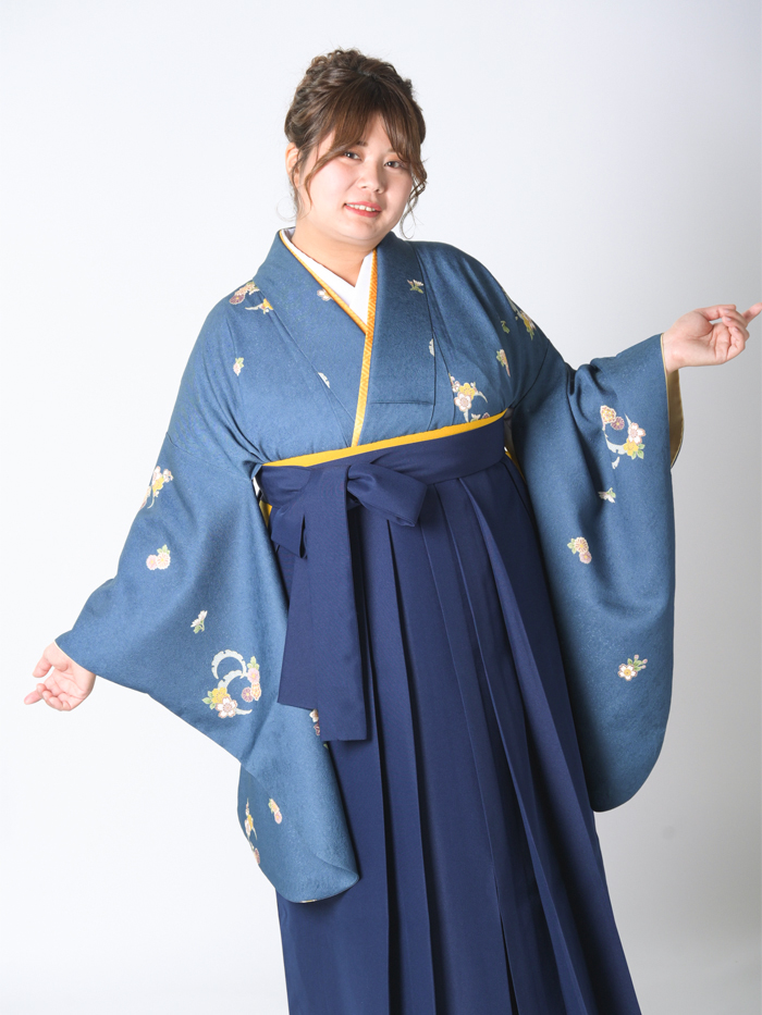 袴レンタル｜卒業式｜プラスサイズ 17号～33号｜紺 雪月花に飛び＋紺無地袴