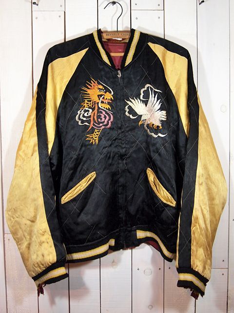 1950sサテンスカジャン 鷹×日本地図 - 古着屋HamburgCafe