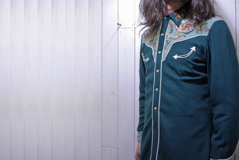 1950s【HbarC】ツートン刺繍レーヨンギャバウエスタンシャツ - 古着屋