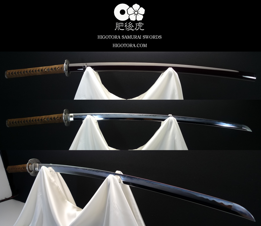 模擬刀・肥後虎 同田貫・2尺8寸・栗朱ウルミ塗り・革巻き・肥後鍔銀古