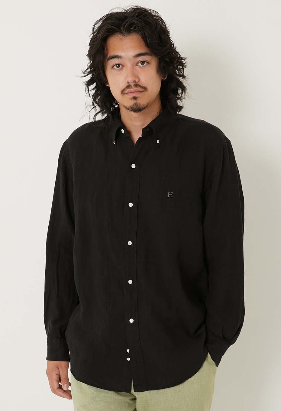 Hエンブロイダリー リネンキャンバス ボタンダウン ロングスリーブ