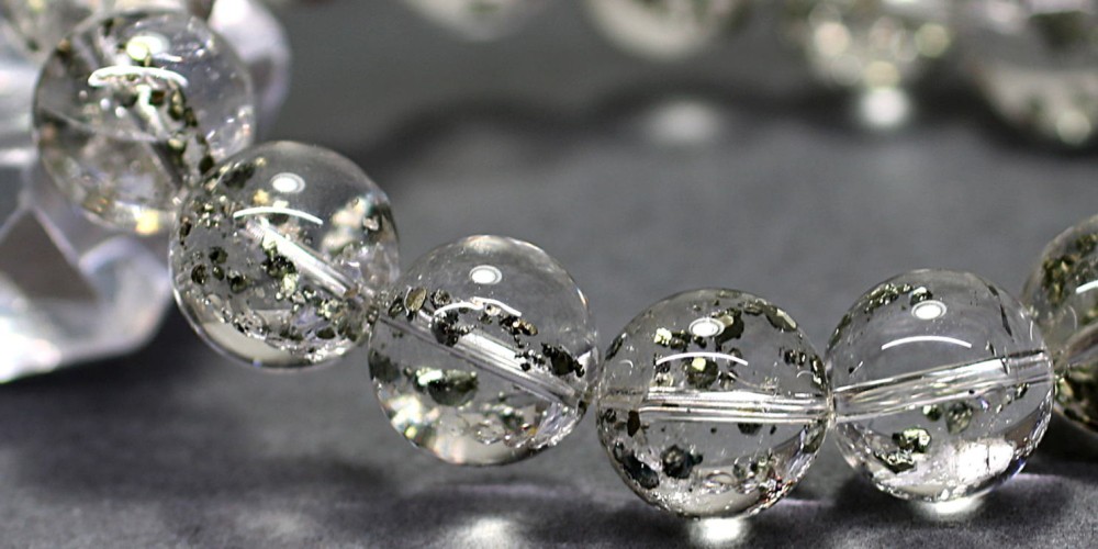 高品質++]パイライトインクォーツブレスレット/黄鉄鉱（約13.5mm玉