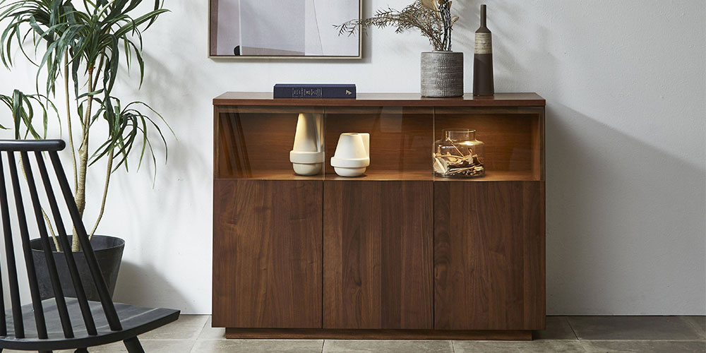 サイドボード「NEWイソラ」幅80cm 全2色 ガラス部背面2タイプ（板張り