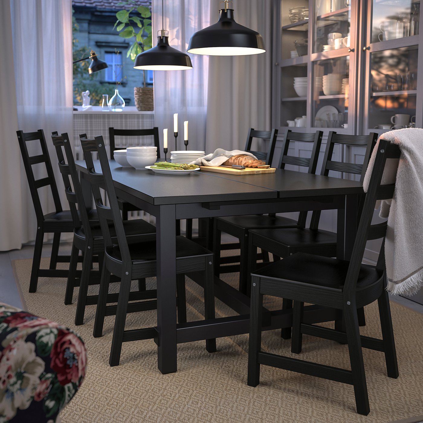NORDVIKEN / NORDVIKEN table and 6 chairs, black/black, 825/8/1133