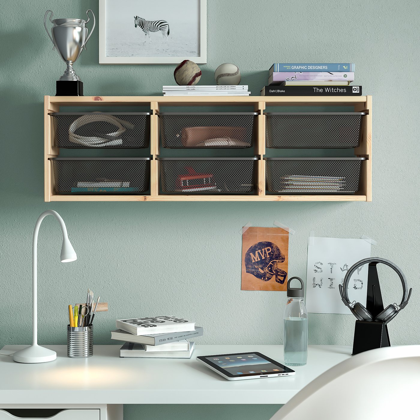 TROFAST wall storage, light white stained pine/dark gray, 365/8x81
