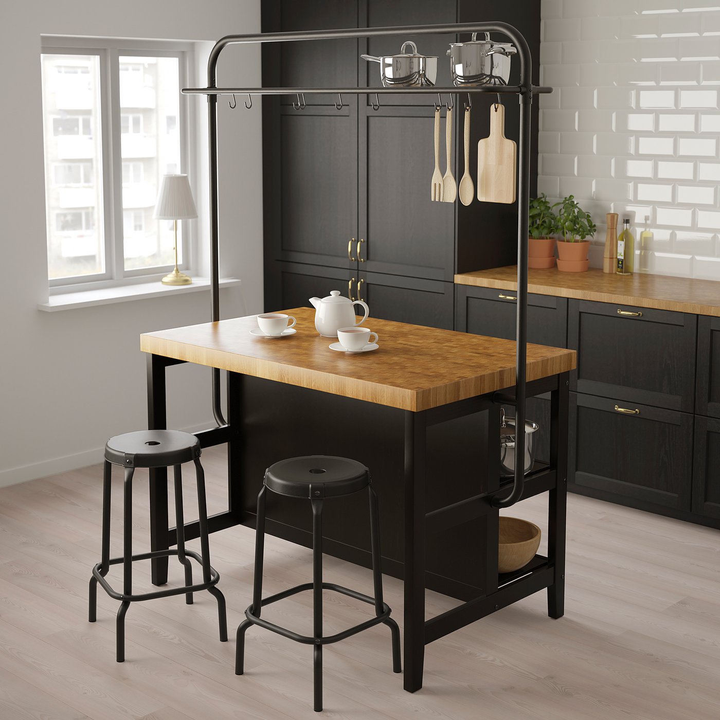 VADHOLMA kitchen island with rack, black/oak, 495/8x311/8x76