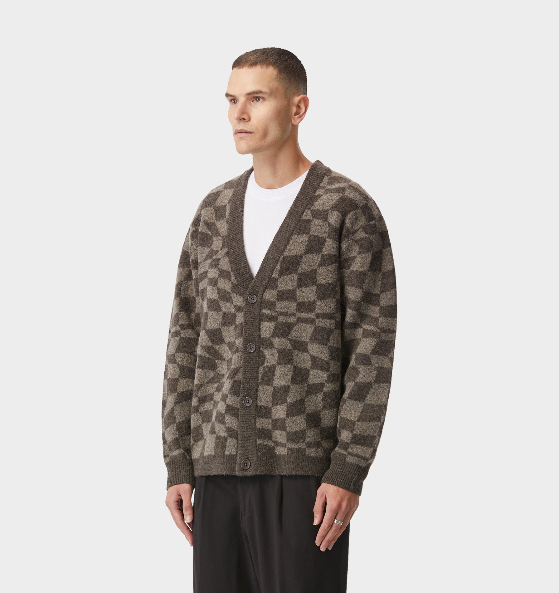 Checkerboard Nelson Cardigan in Mushroom/Dark Brown | I Love Ugly