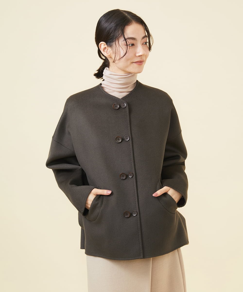 WINTER BLUE】ダブルボタンショートリバーコート(ノーカラーコート