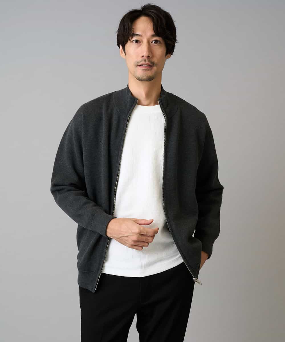 洗濯機で洗える】ダブルフェイスニットスタンドジップカーディガン