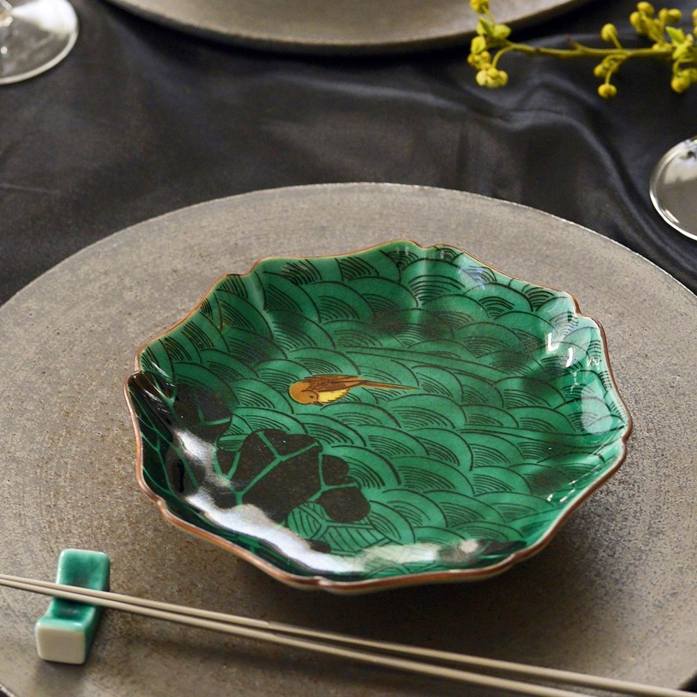 瑛生の器（九谷美陶園）｜瑛生の器 九谷美陶園 波に鳥文様五寸輪花皿