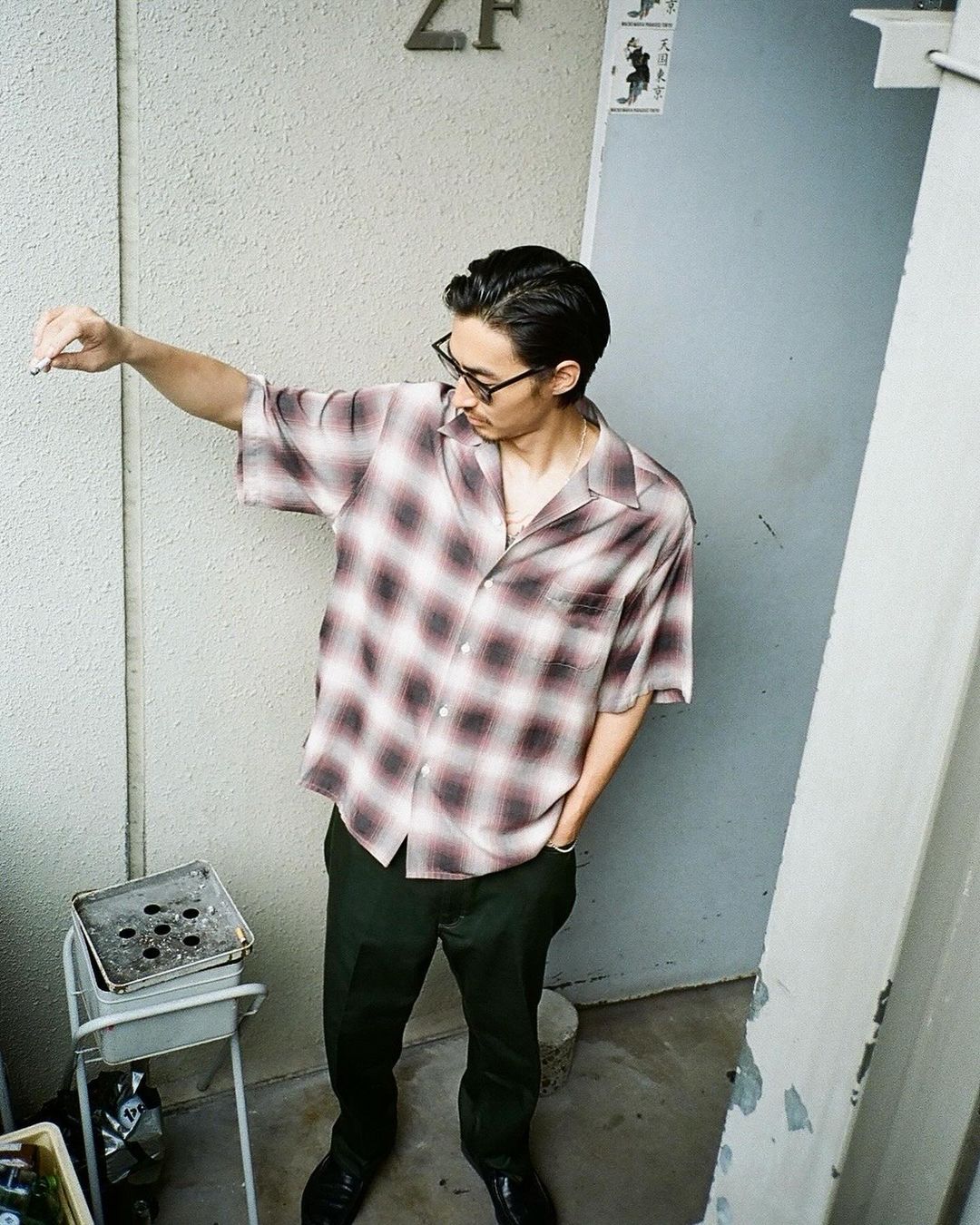 WACKO MARIA/OMBRE CHECK OPEN COLLAR SHIRT（PURPLE）［オンブレ