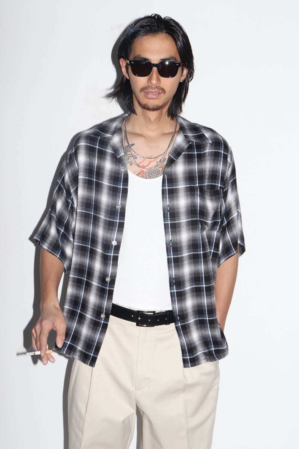 WACKO MARIA/CHECK OPEN COLLAR SHIRT（GRAY）［チェックオープン