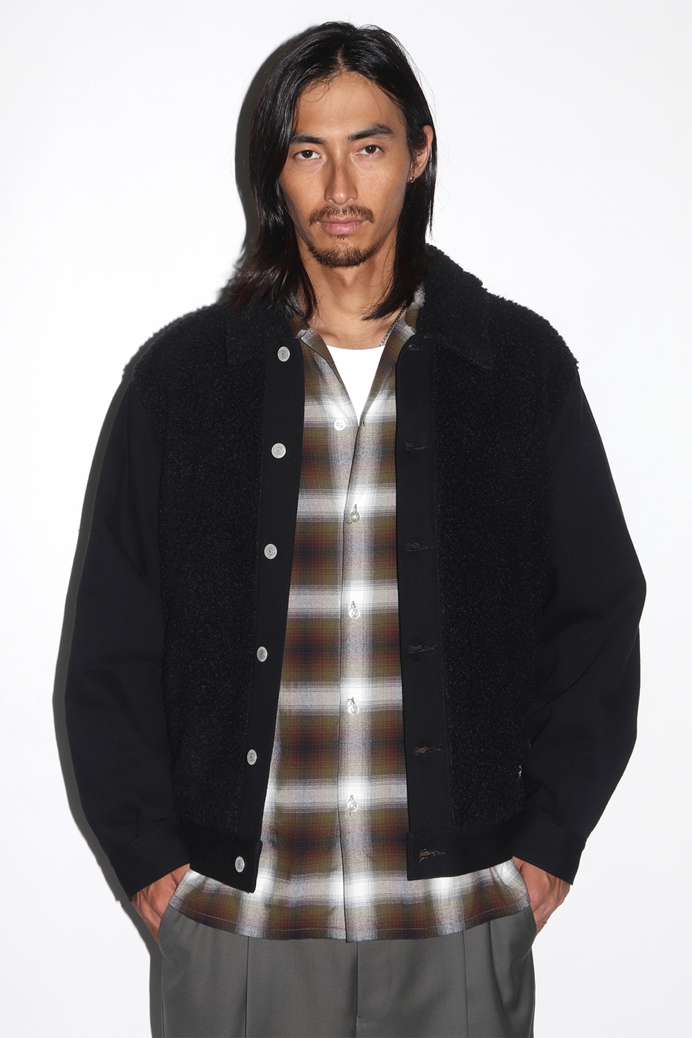 WACKO MARIA/OMBRE CHECK OPEN COLLAR SHIRT（KHAKI）［オンブレ