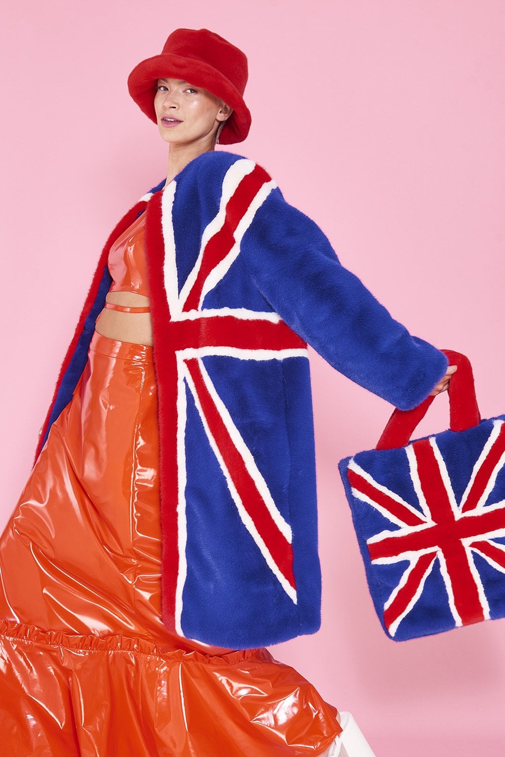 JAYLEY Vegan Faux Fur Union Jack Maxi Coat - Womenswear from
