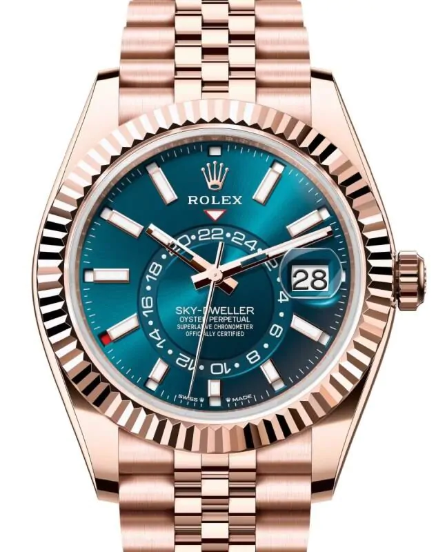 Rolex Sky-Dweller Rose Gold Blue-Green Index Dial Jubilee Bracelet