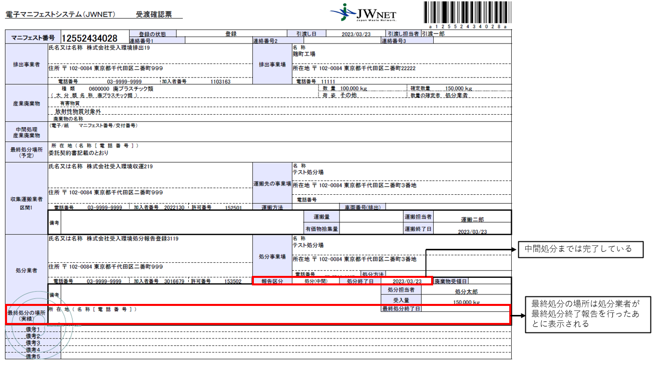 受渡確認票に最終処分場が表示されません。 | 電子マニフェスト