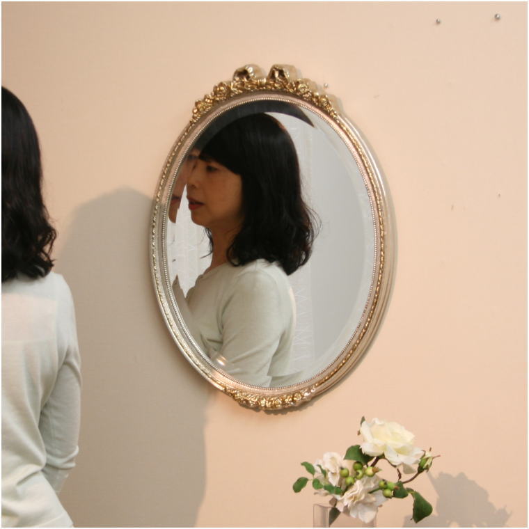 イタリア直輸入 かわいい木製オーバルウォールミラー アンティーク