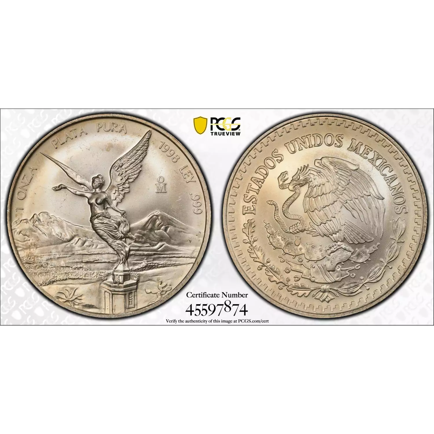 1998-Mo MEXICO Silver ONZA (Troy Ounce of Silver) PCGS MS-67