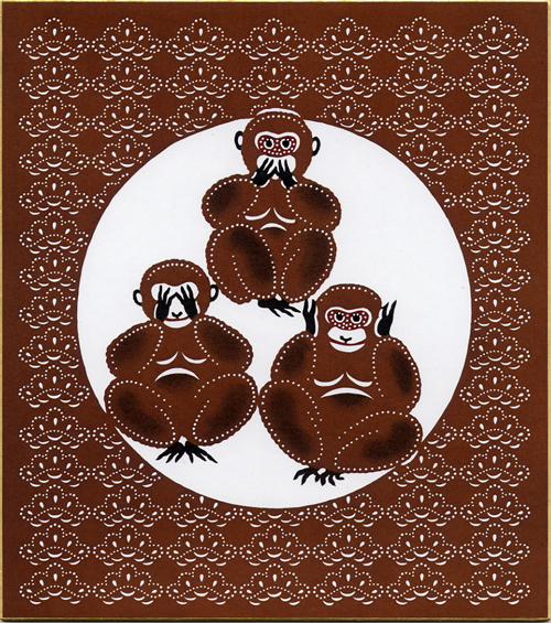 三猿」干支の色紙：申 / 伊勢型紙専門店おおすぎ