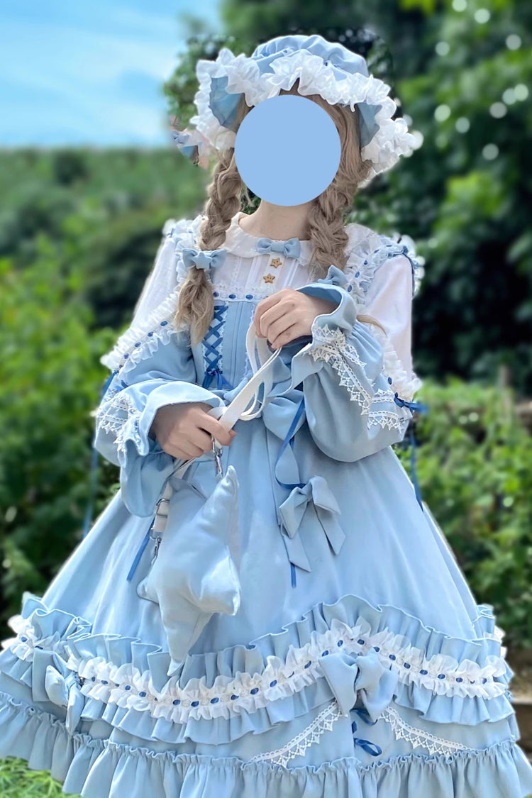 マルチカラー長袖フリル刺繍ちょう結びスウィートロリータドレス