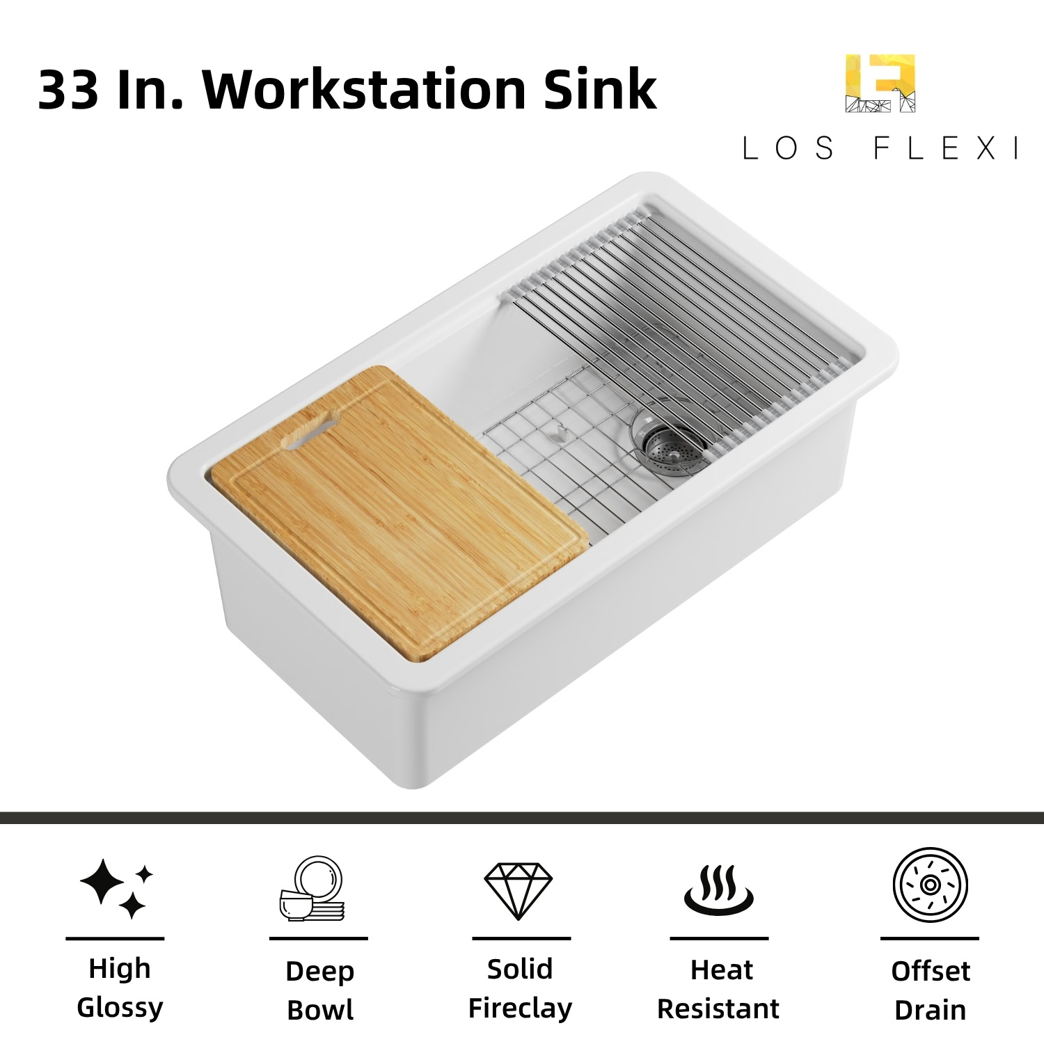 Los Flexi Kitchen Sink 33″Lx19″W Fireclay Workstation With Offset