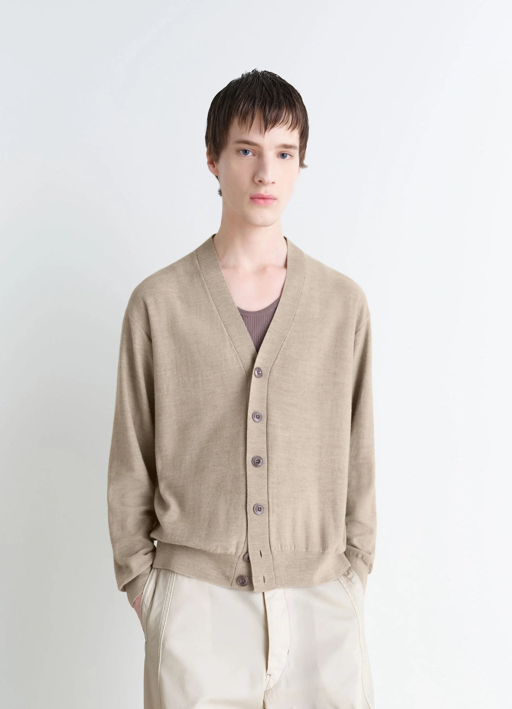 RELAXED TWISTED CARDIGAN IN MERINO BLEND - Light Taupe - Merino