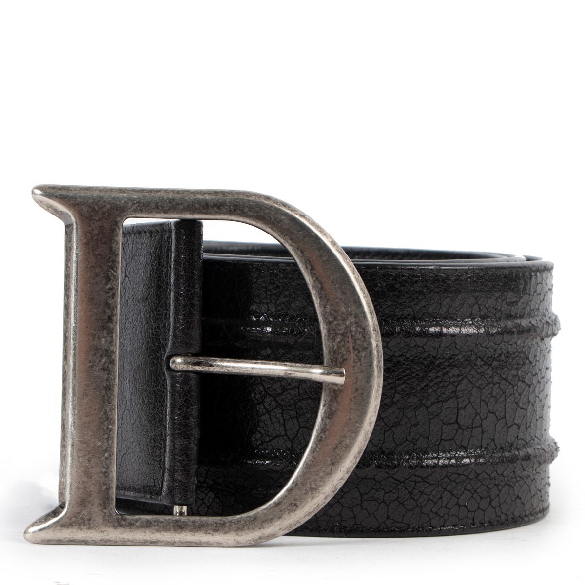 Christian Dior D Buckle Black Aged Leather Belt - Size 90