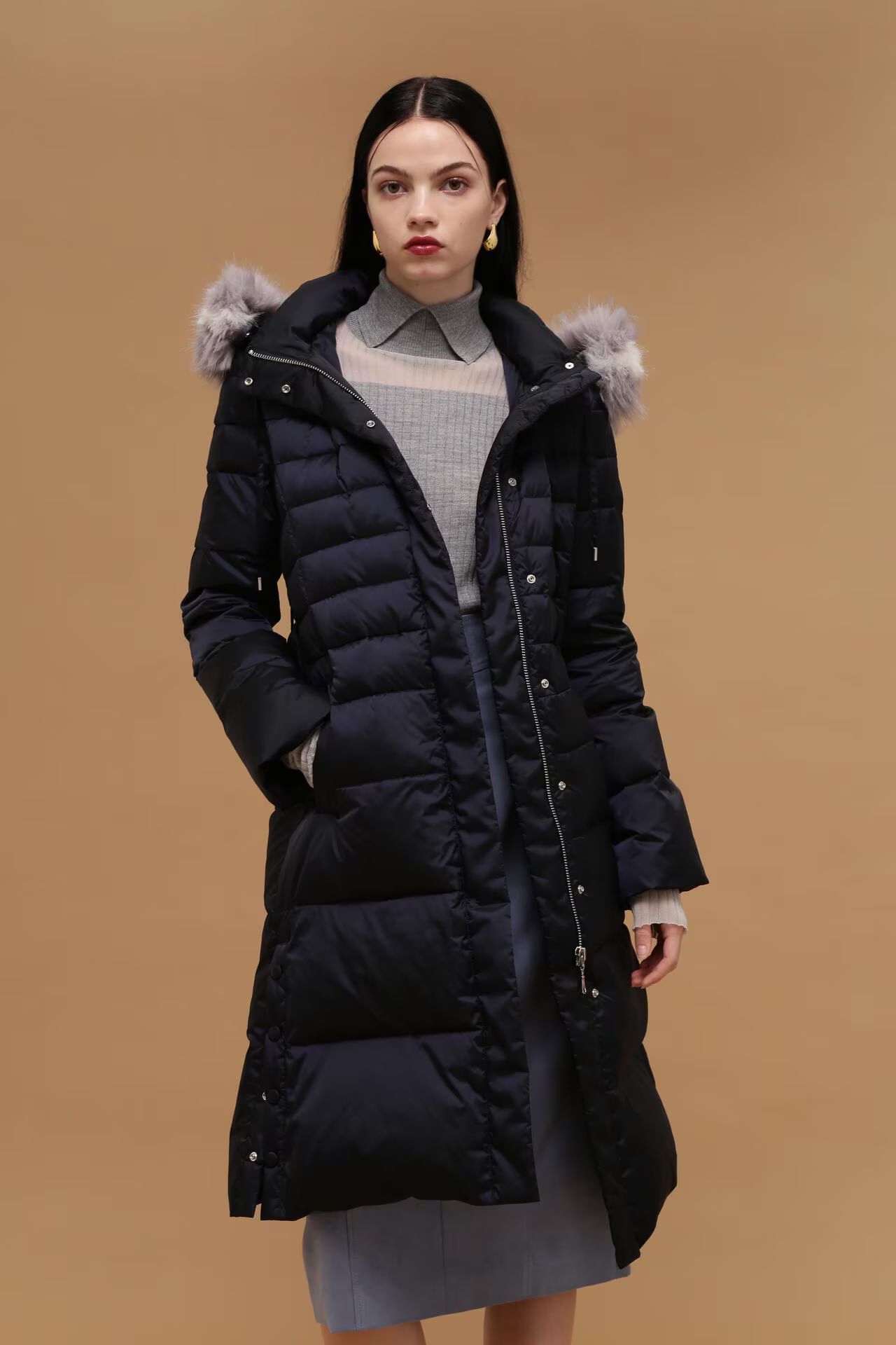 PINKY&DIANNE - タフタロングダウンコート (ネイビー) / フェザー